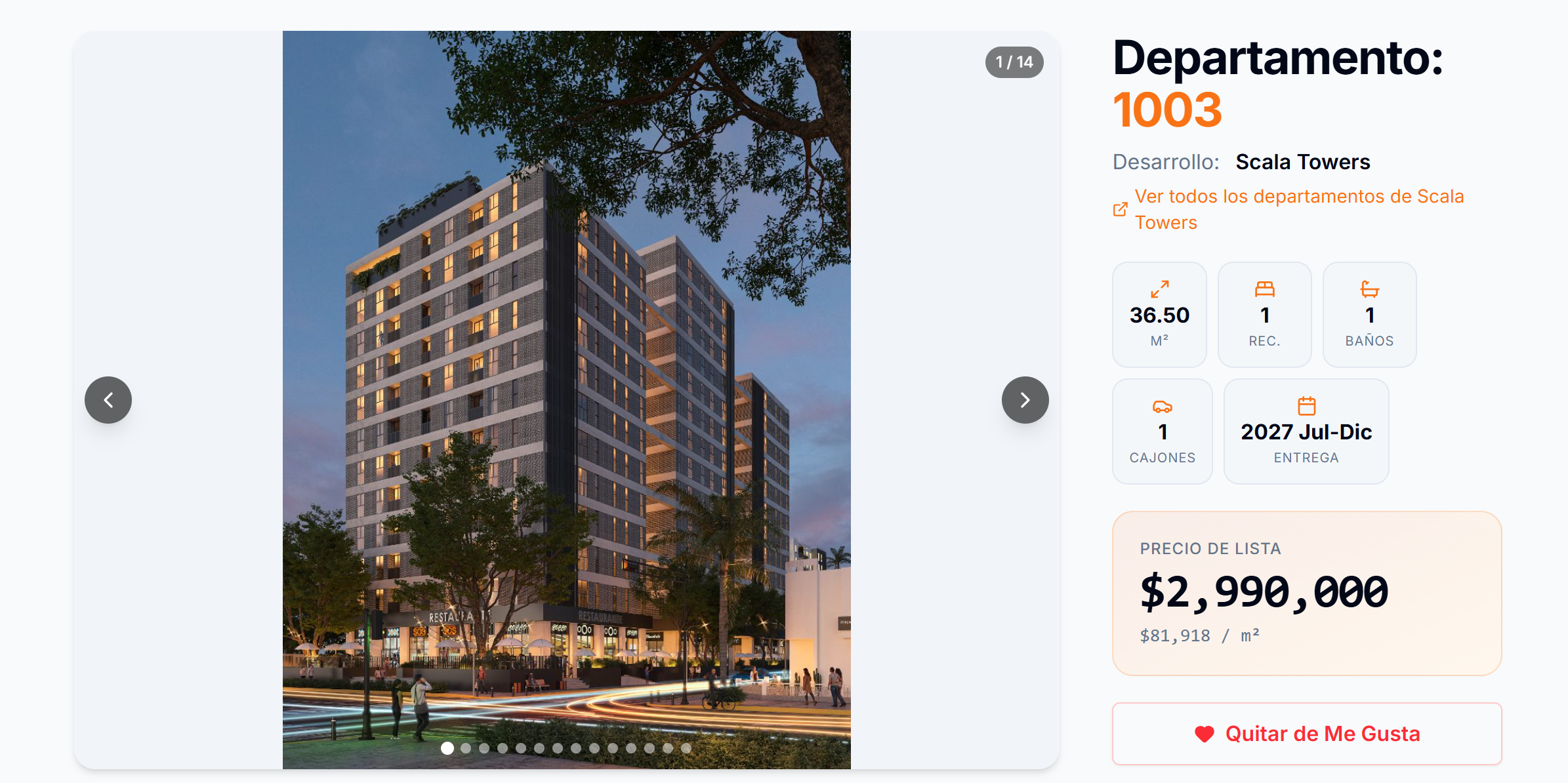 Ficha de departamento en la app Brixtars